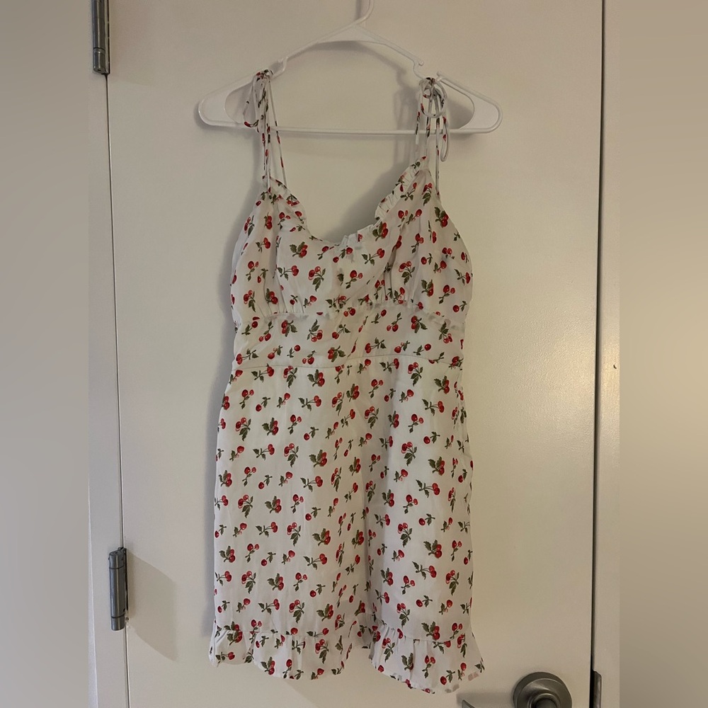Abercrombie & Fitch White Dress with Cherry Pattern and Adjustable Tie Straps